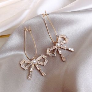Crystal Bow Earrings French Pearl Dangle Earrings
